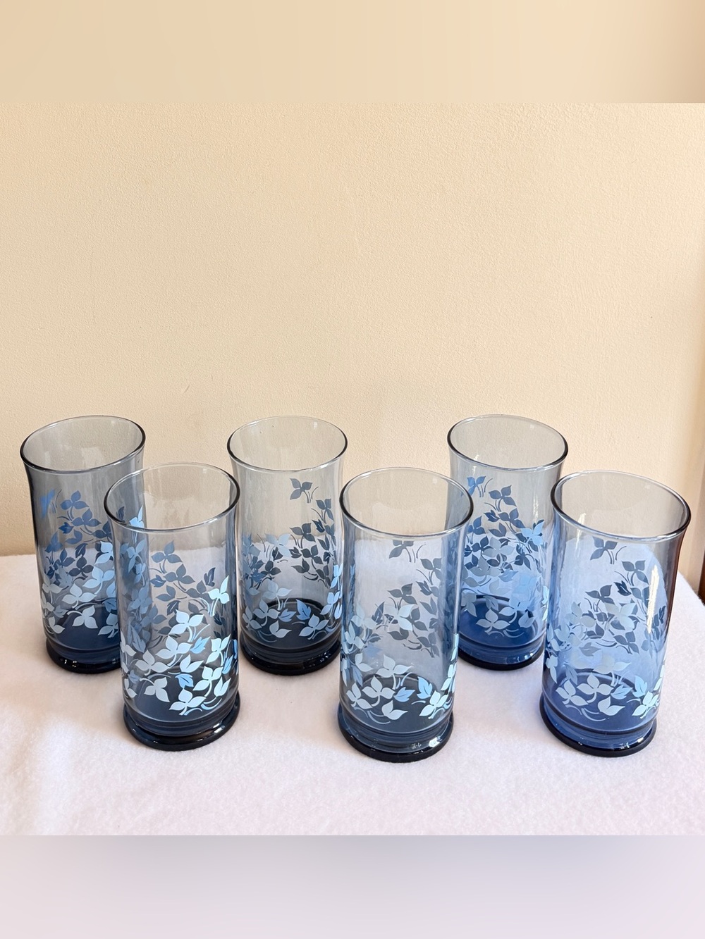 Libbey Smoky Blue Ivy Floral Glass Tumblers Set of 6 Vintage Retro 12oz USA